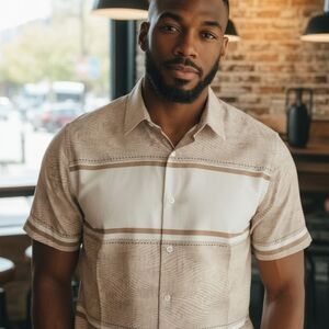 Men's Casual Beige and White Button Down Shirt
